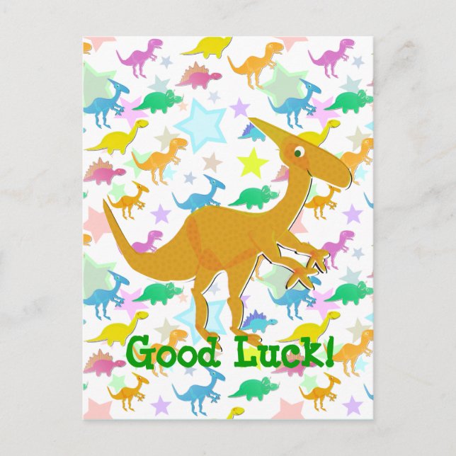 Good Luck Cartoon Dinosaur Postcard (Front)