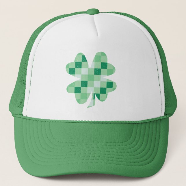 Good Luck Charm Chequered Four Leaf Clover Trucker Hat (Front)