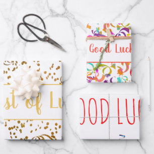 Good Luck Colourful Confetti Streamers Gold Custom Wrapping Paper Sheet