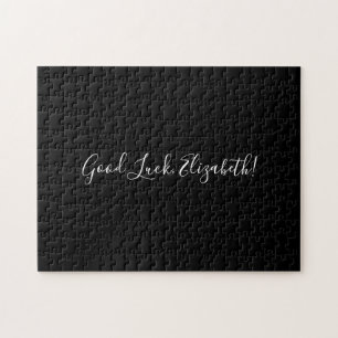 Good Luck Custom Name Script on Solid Black Funny Jigsaw Puzzle