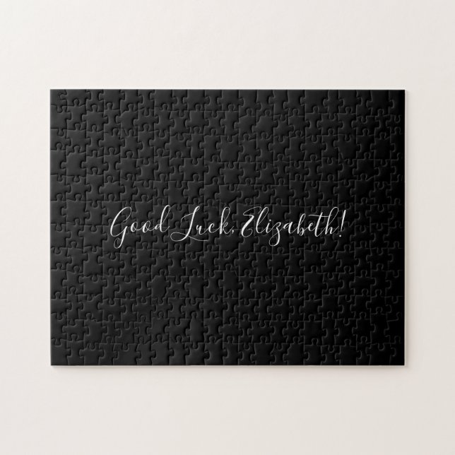 Good Luck Custom Name Script on Solid Black Funny Jigsaw Puzzle (Horizontal)
