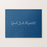 Good Luck Custom Name Script on Solid Blue Funny Jigsaw Puzzle<br><div class="desc">Solid blue jigsaw puzzle features "Good Luck,  [NAME]" in a white script font in the center. Personalize the funny text in the sidebar. Makes a great custom gift for someone who loves a difficult challenge. 

Copyright ©Claire E. Skinner. All rights reserved.</div>