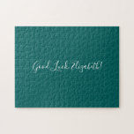 Good Luck Custom Name Script on Solid Teal Funny Jigsaw Puzzle<br><div class="desc">Solid teal jigsaw puzzle features "Good Luck,  [NAME]" in a white script font in the center. Personalize the funny text in the sidebar. Makes a great custom gift for someone who loves a difficult challenge. 

Copyright ©Claire E. Skinner. All rights reserved.</div>