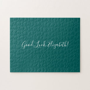 Good Luck Custom Name Script on Solid Teal Funny Jigsaw Puzzle
