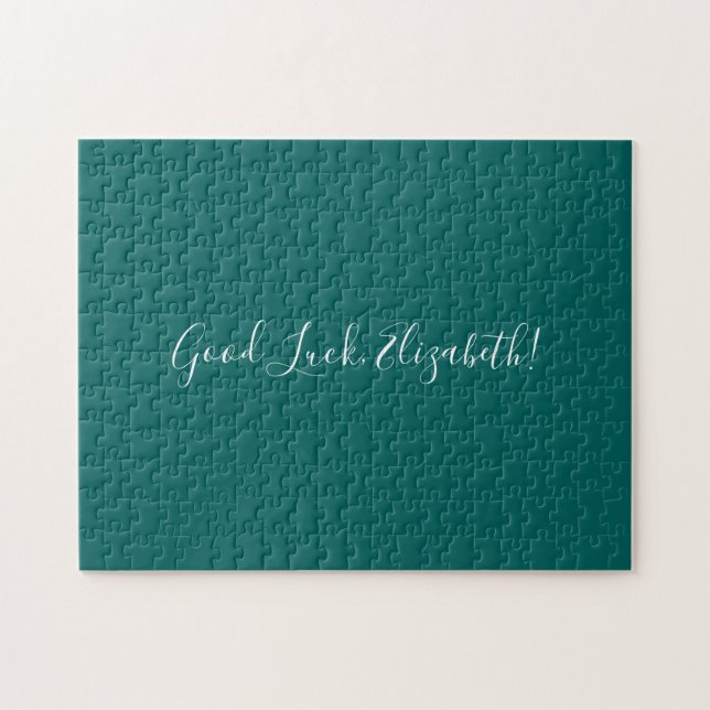 Good Luck Custom Name Script on Solid Teal Funny Jigsaw Puzzle (Horizontal)