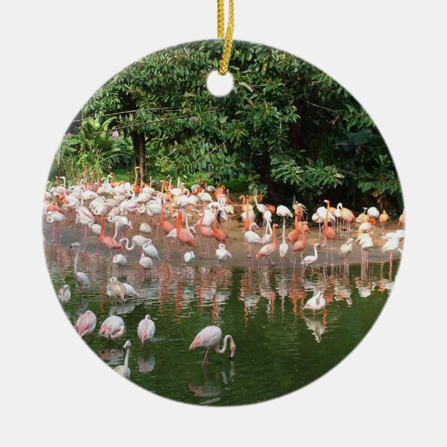 good luck flamingo flock ceramic tree decoration (Front)
