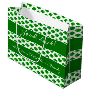 Good Luck Four Leaf Clover Pattern Custom Text Large Gift Bag