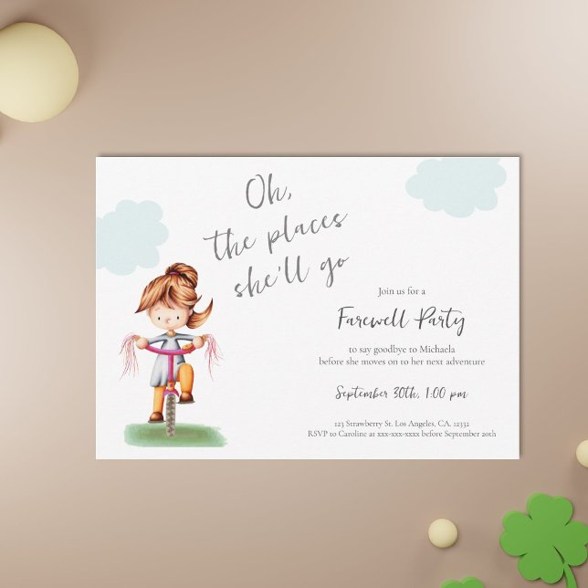 Good Luck Girl Riding Bike Farewell Party Invitation (Farewell graduation invitation with a girl riding a bicycle illustration)