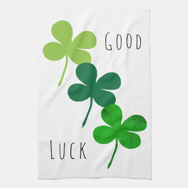 Good Luck Green Lucky 4 Leaves Shamrocks Clover Tea Towel (Vertical)