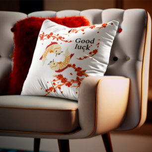 Good Luck Koi Fish with Sakura   Elegant Japanese  Cushion
