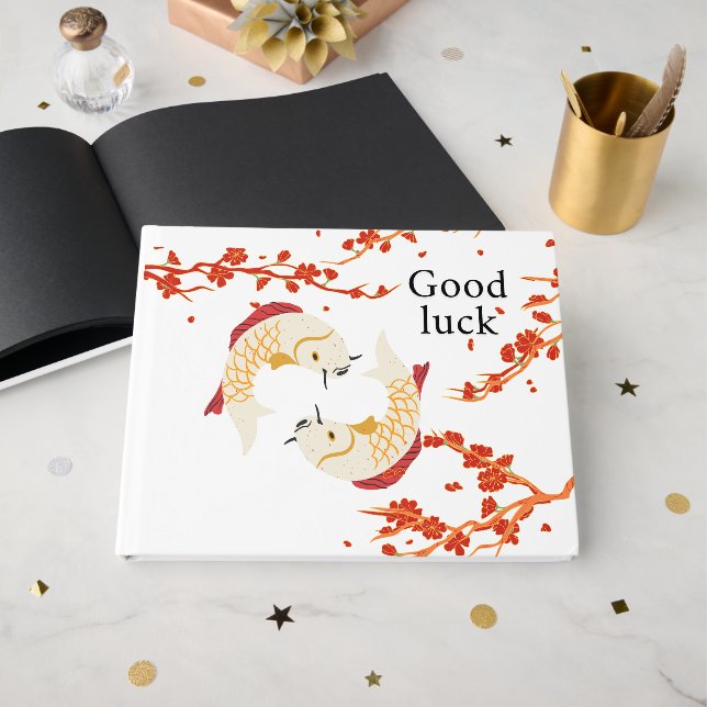 Good Luck Koi Fish with Sakura | Elegant Japanese  Guest Book (Front Open)