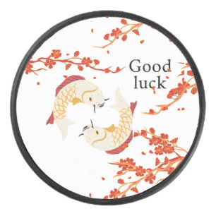 Good Luck Koi Fish with Sakura Elegant Japanese Hockey Puck
