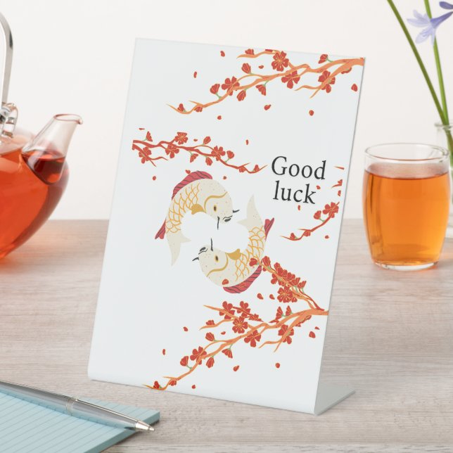 Good Luck Koi Fish with Sakura | Elegant Japanese  Pedestal Sign (In SItu)