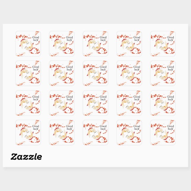 Good Luck Koi Fish with Sakura | Elegant Japanese  Square Sticker (Sheet)