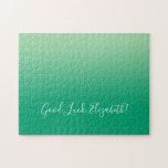 Good Luck Name Script on Green Gradient Funny Jigsaw Puzzle<br><div class="desc">Light to dark green gradient jigsaw puzzle features "Good Luck,  [NAME]" in a white script font near the bottom. Personalise the funny text in the sidebar. Makes a great custom gift for someone who loves a challenge. 

Copyright ©Claire E. Skinner. All rights reserved.</div>
