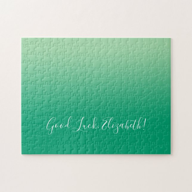 Good Luck Name Script on Green Gradient Funny Jigsaw Puzzle (Horizontal)