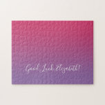 Good Luck Name Script Pink to Purple Ombré Funny Jigsaw Puzzle<br><div class="desc">Stylish raspberry pink to light purple gradient jigsaw puzzle features "Good Luck, [NAME]" in a white script font near the bottom. Personalise the funny text in the sidebar. Makes a great custom gift for someone who loves a challenge. To see the minimal ombré design on other items, click the "Rocklawn...</div>