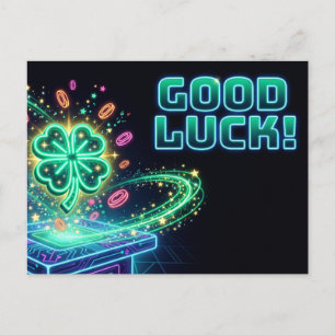 "GOOD LUCK!" Neon Arcade with Four-Leaf Clover Postcard