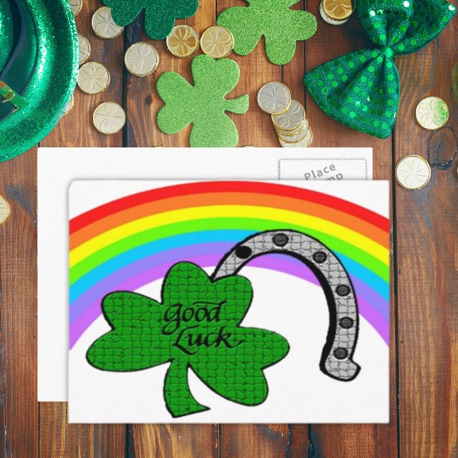 Good Luck Shamrock, Rainbow and Horseshoe Postcard (Good Luck Shamrock, Rainbow and Horseshoe Postcard)