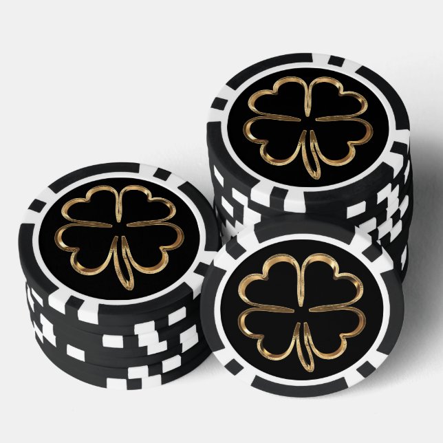 Good Luck Symbol Four Leaf Clover Black and Gold Poker Chips (Stack)