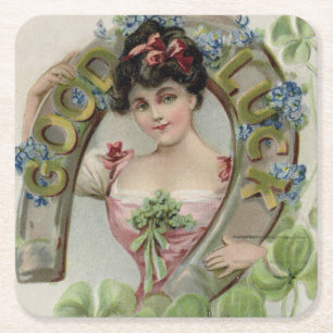 Good Luck - Vintage Saint Patrick's Day Card Square Paper Coaster