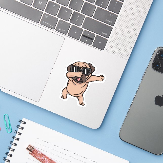 Good Mood Pug with Sunglasses Dabbing (Laptop w/ iPhone)