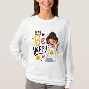 Good Morning Be Happy Cute Girl Peace Sign Smiley T-Shirt