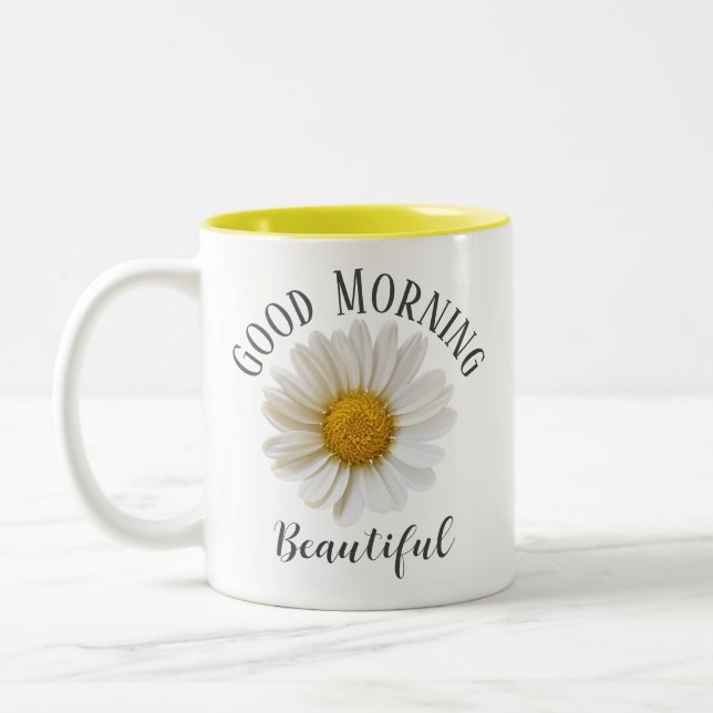 Good Morning Beautiful White Daisy Two-Tone Coffee Mug (Left)
