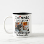 Good Morning Cat Human Servant Custom Funny Cat  Two-Tone Coffee Mug<br><div class="desc">This Funny Cat mug featuring a personalised photo of your beloved pet cat along with its name creates a unique and heartwarming gift idea. It not only showcases your creativity and love for your furry friend but also adds a touch of humour and joy to your daily coffee or tea...</div>