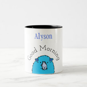 Good morning, cute blue sheep, personalised Two-Tone coffee mug