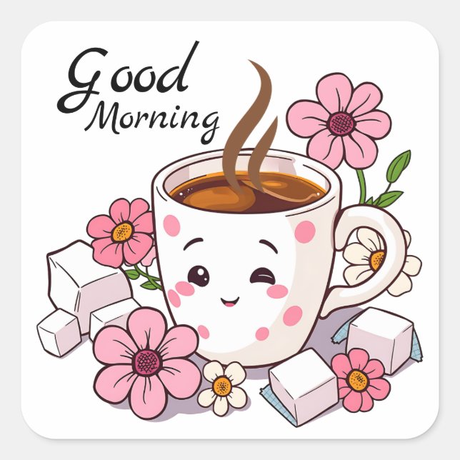 Good Morning | Cute Kawaii Coffee Square Sticker (Front)