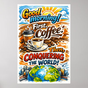 Good Morning First Coffee Conquer The World Art Poster