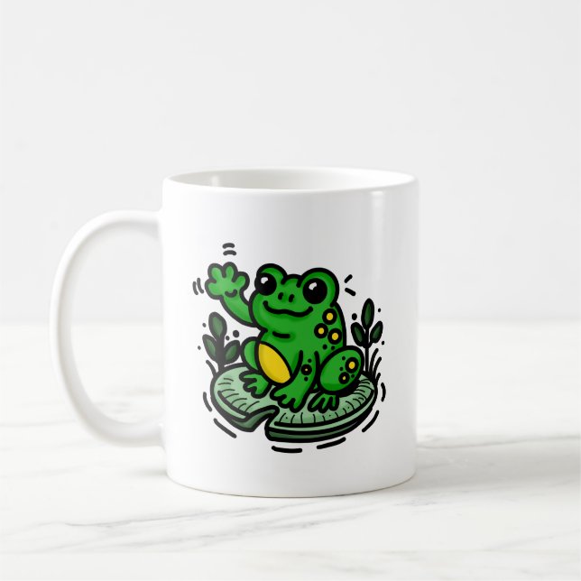 Good Morning Frog on Lily Pad Hand Drawn Coffee Mug (Left)