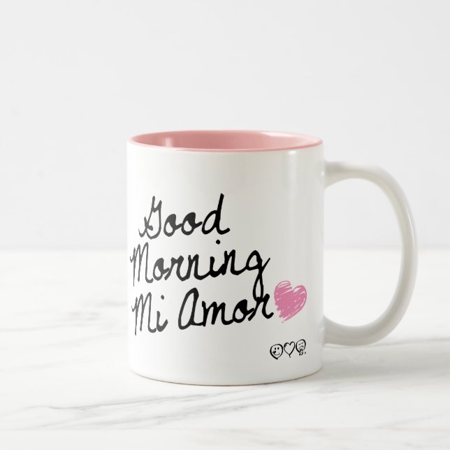 Good Morning Mi Amor! With pink heart Two-Tone Coffee Mug (Right)