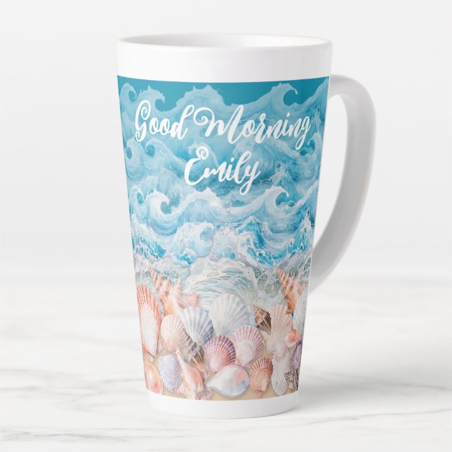 Good Morning Personalized Beach Latte Mug (Right Angle)