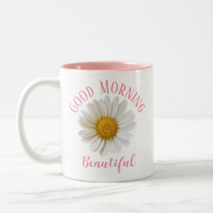 Good Morning Pink Text White Daisy Two-Tone Coffee Mug