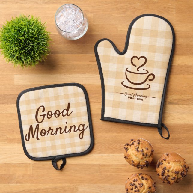 Good Morning Pot Holders & Oven Mitt – Beige Check Oven Mitt & Pot Holder Set (Top Down)