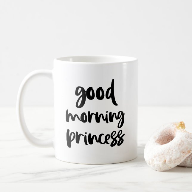Good Morning Princess Black Modern Typography Mug (With Donut)