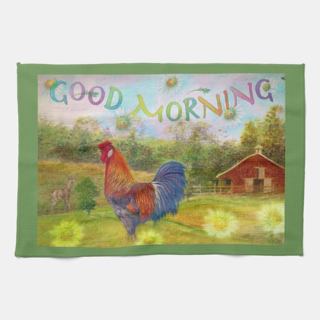 Good Morning Rooster at the Barn Tea Towel (Horizontal)