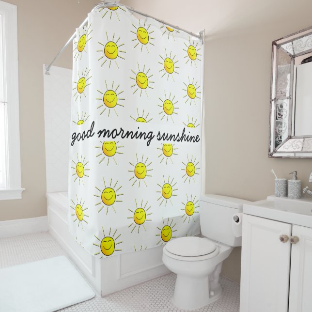 Good Morning Sunshine! Cute; yellow on white Shower Curtain (In Situ)