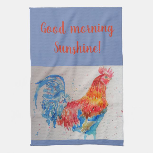 Good Morning Watercolor Red Rooster Kitchen Towel (Vertical)