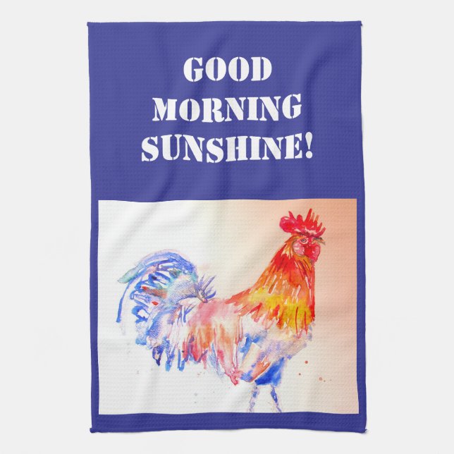 Good Morning Watercolor Red Rooster Kitchen Towel (Vertical)