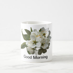 ''GOOD MORNING'' WITH BEAUTIFUL WHITE FLOWER. COFFEE MUG