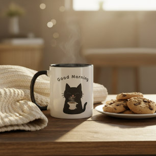 Good Morning with Cute Black Cat Coffee Mug