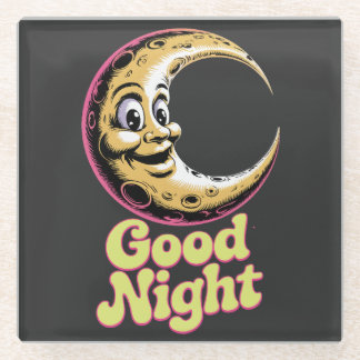 Good Night Retro Moon  Glass Coaster
