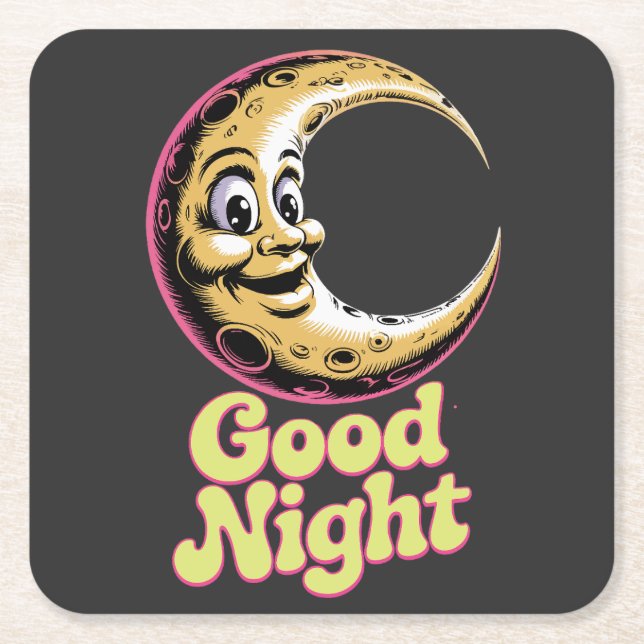 Good Night Retro Moon  Square Paper Coaster (Front)