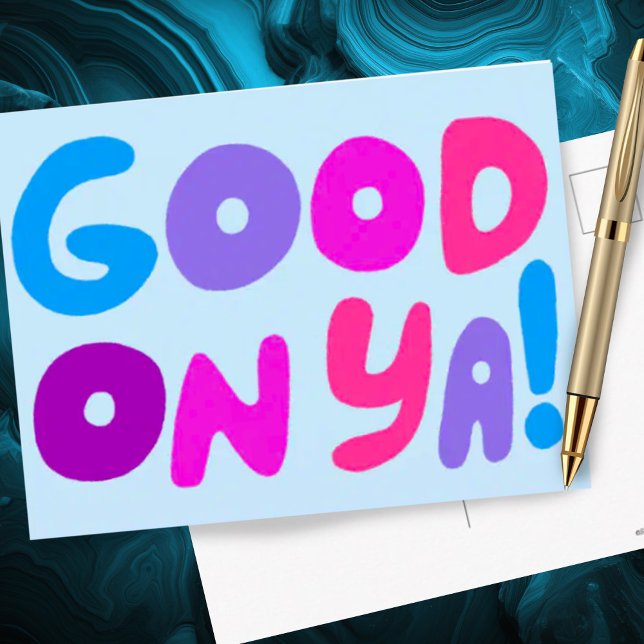 GOOD ON YA Bubble Letters Pink Blue Purple Bright  Postcard (Good on ya bubble letters custom postcard colorful fun cute)