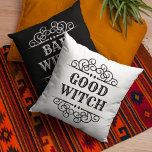 Good or Bad Witch Black Reversible Halloween Cushion<br><div class="desc">Are you a good witch or a bad witch? Celebrate Halloween in style with this custom "Good Witch" / "Bad Witch" two-sides flippable typography throw pillow design. Black and White color scheme with decorative text and scroll design.</div>
