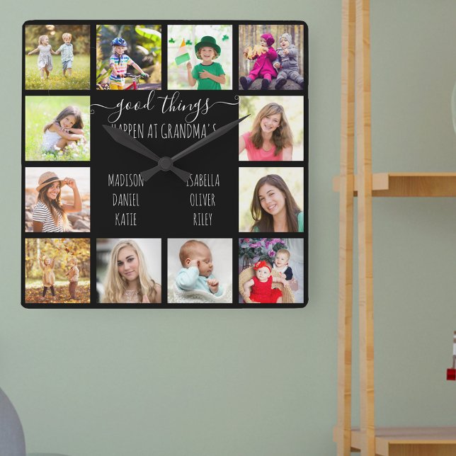 Good Things Happen at Grandma's 12 Photo Black Square Wall Clock (Grandparent photo gift with grandkids names and photos)