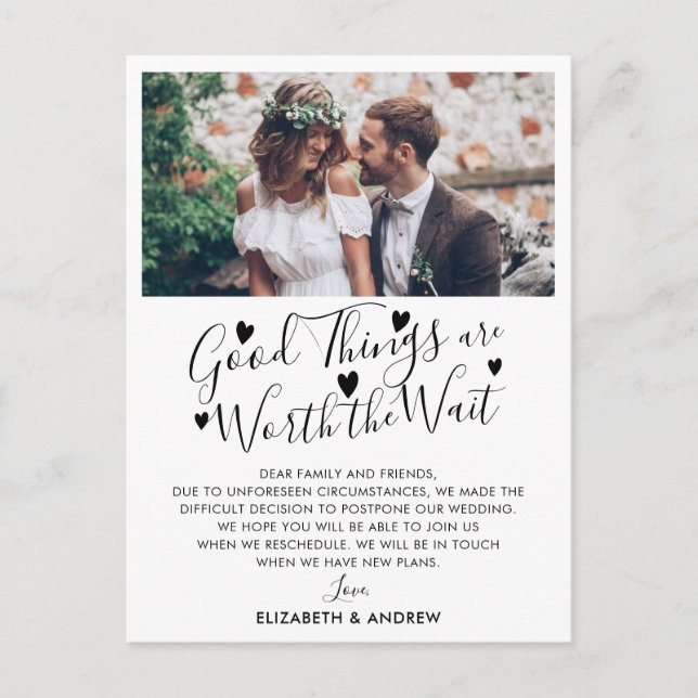 Good Things Worth Wait Wedding Postponement Photo Announcement Postcard (Front)